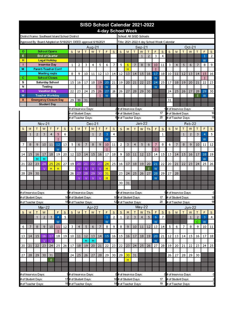 2021-2022 Calendar For All Sisd Schools | Howard Valentine Coffman Cove School